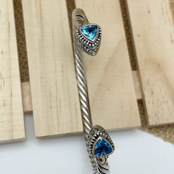 Bali Designs Blue Topaz Cuff Bracelet Trillion Cut Sterling Silver 18K Gold 6.75 - Picture 11 of 15
